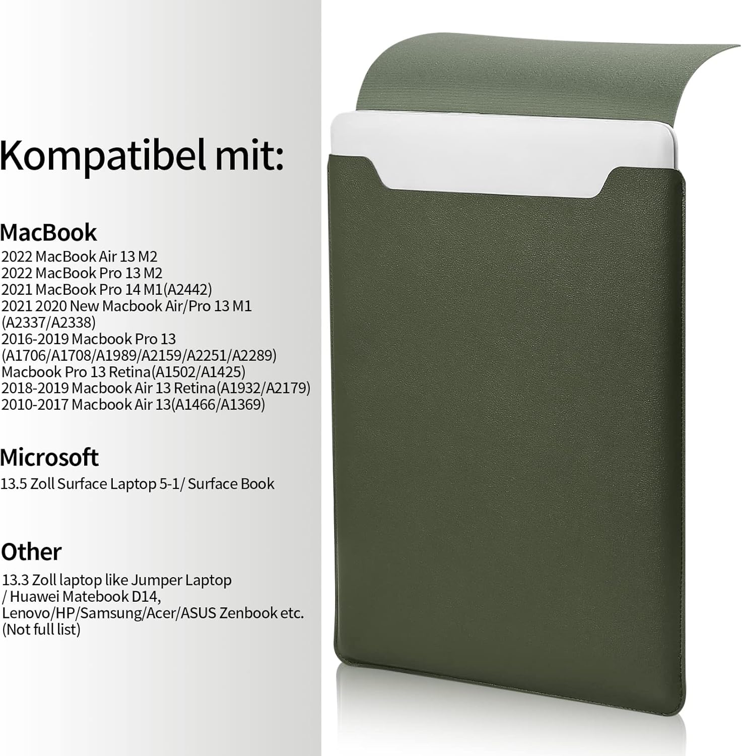 13.3-14" Laptop Sleeve, Padded Case, Thin Portable Versatile Bag Compatible With 2022 Pro 14 inch/2015 Pro 13.3 inch/2015 Air 13.3 inch (Dark Green) - Image 3